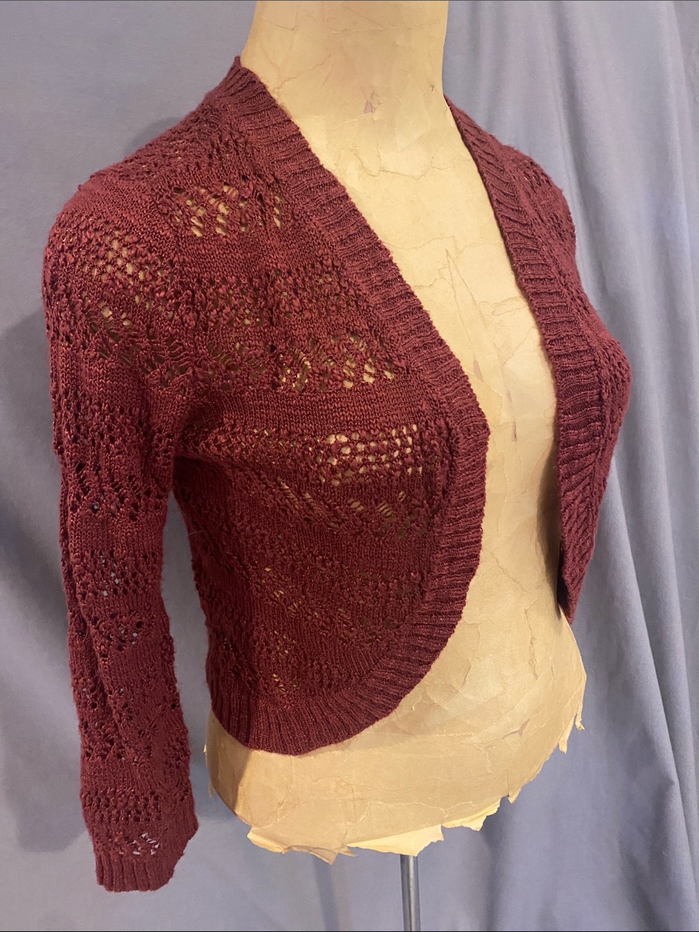 Women's Burgundy Open Crochet Knit Bolero Sweater